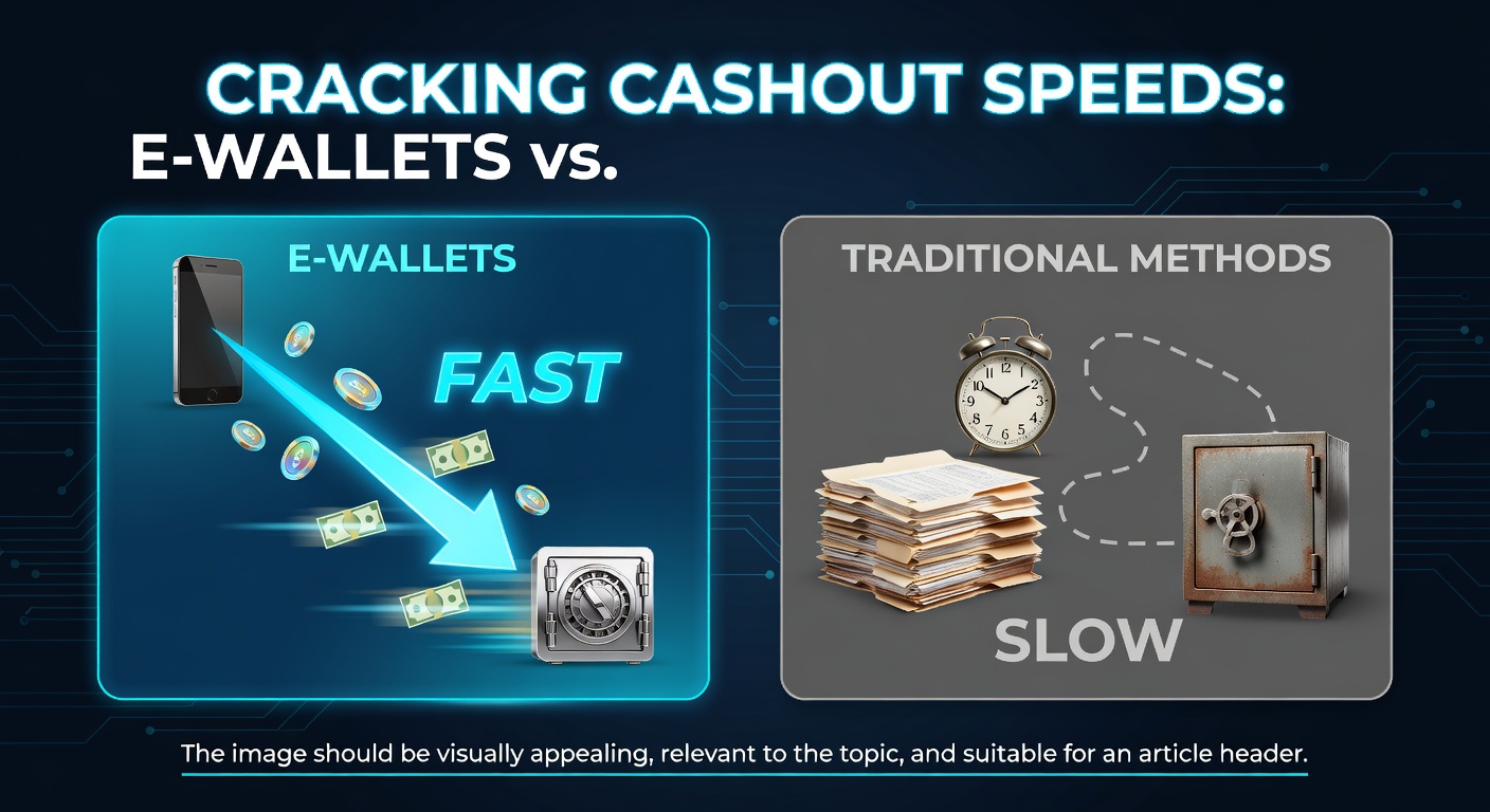 Grafik mit Vergleich von Cashout-Zeiten bei E-Wallets und Banküberweisungen in Online-Casinos, dargestellt durch Uhren und Geldströme