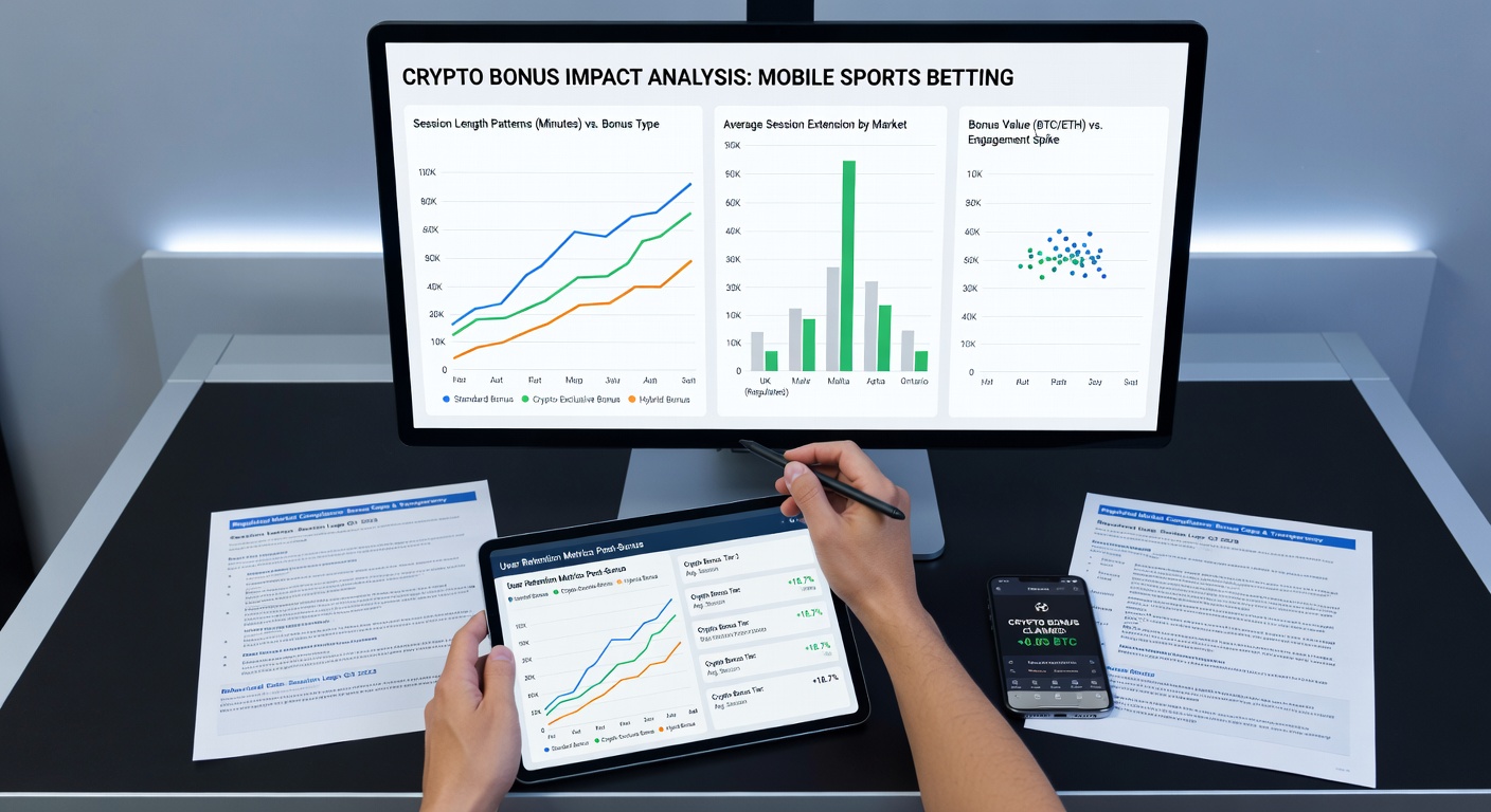 Darstellung von Kryptowährungs-Boni und mobilen Sportwetten-Apps in regulierten Märkten mit Diagrammen zu Sitzungslängen