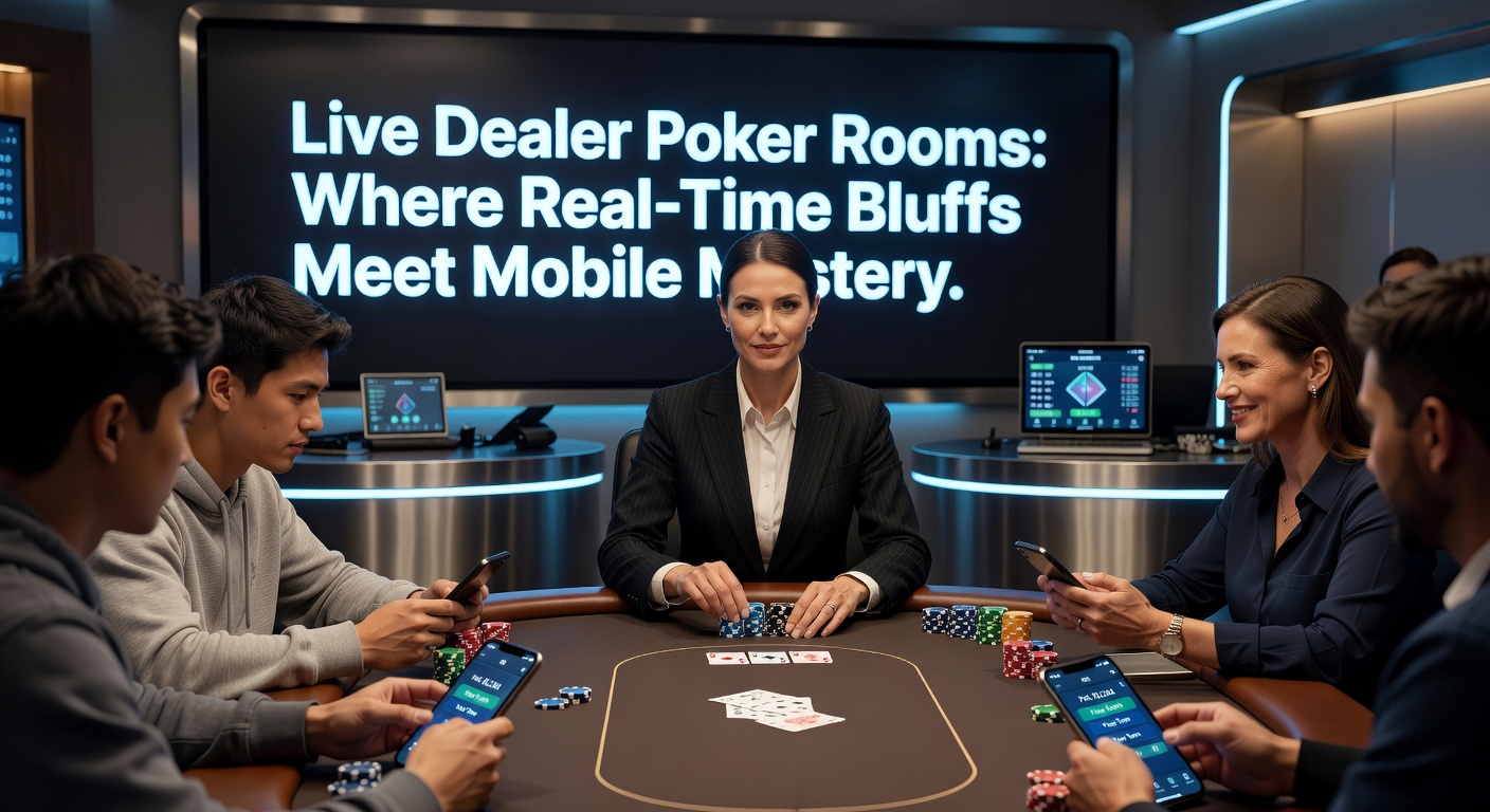 Live Dealer Poker Tische mit Karten und Chips in Echtzeit-Übertragung, umgeben von Spielern auf mobilen Geräten