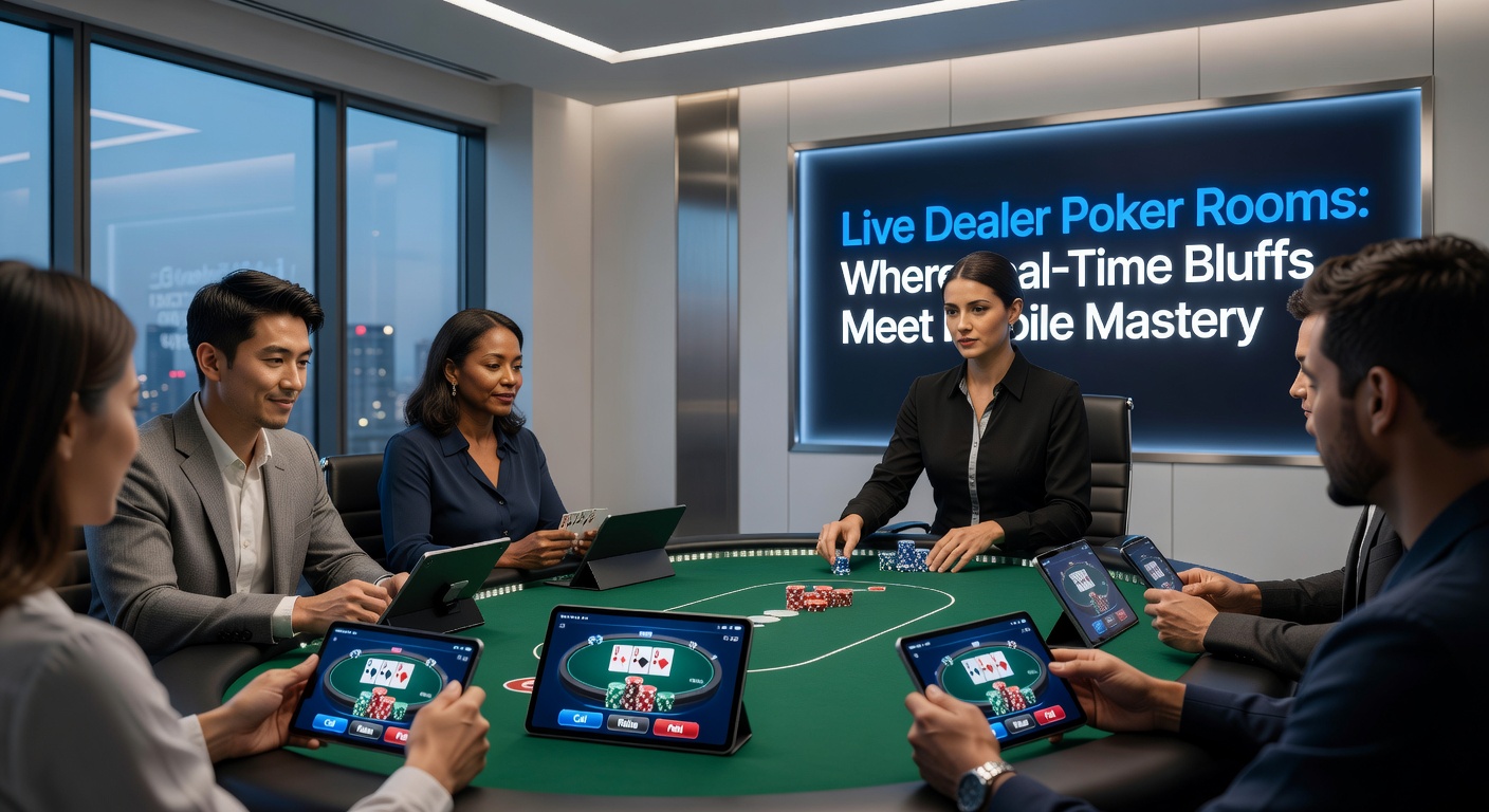 Spieler am Smartphone, das einen Live Dealer Poker Tisch in Echtzeit zeigt, mit Chips und Karten in Aktion